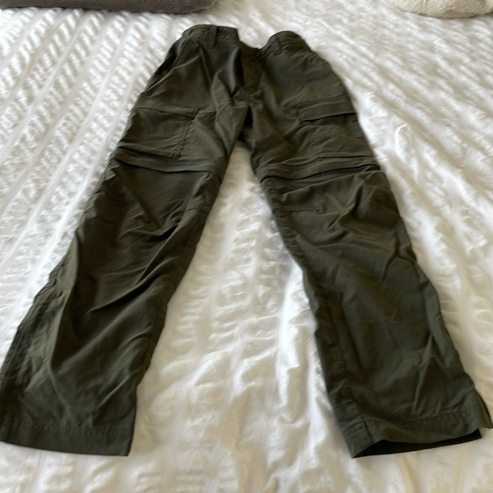 Kids Olive REI hiking pants with detachable lower bottoms to make into shorts